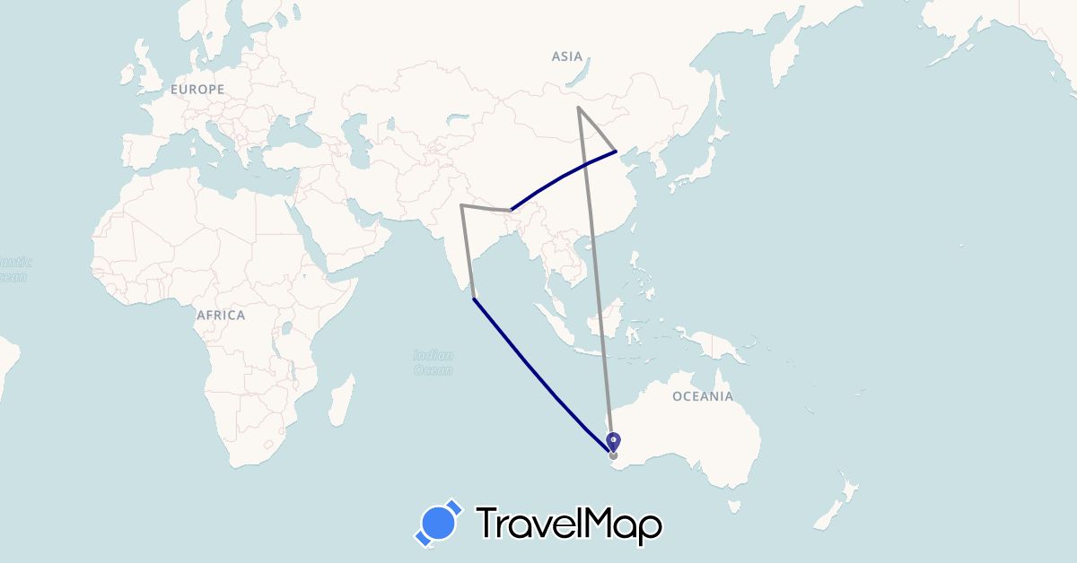 TravelMap itinerary: driving, plane in Australia, Bhutan, China, India, Sri Lanka, Mongolia, Nepal (Asia, Oceania)
